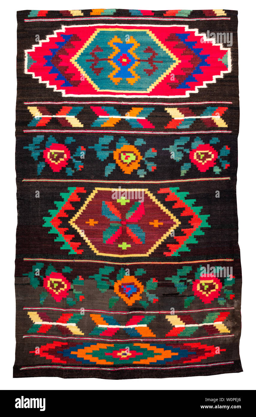 Bunte vintage handgefertigten Teppich mit geometrischen Formen und Motive der traditionellen von Maramures Region Rumänien isoliert auf einem weißen Hintergrund. Stockfoto