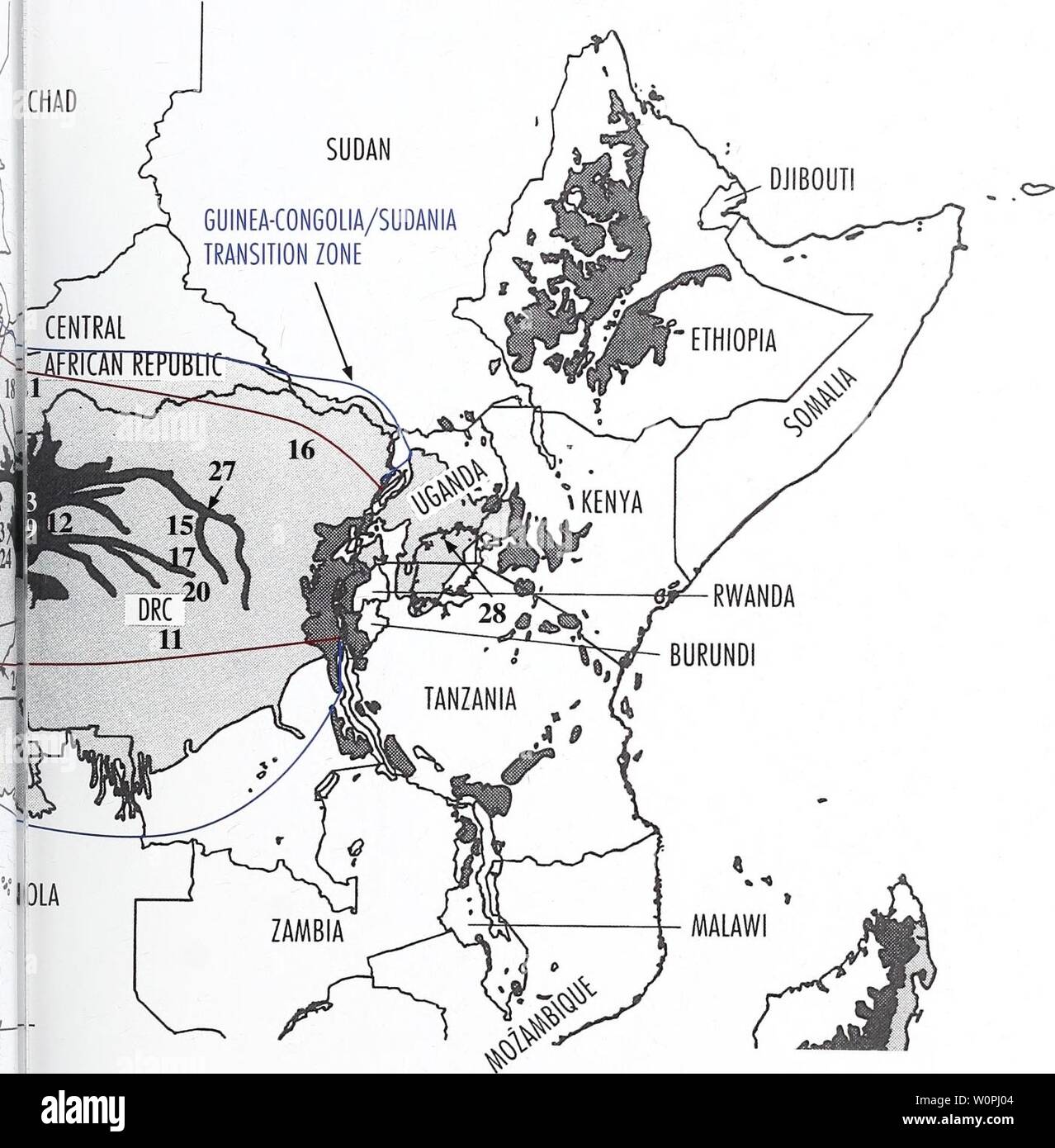 Archiv Bild von Seite 68 der Beschreibung einer neuen. Die Beschreibung einer neuen Gattung und Zwanzig - drei neue Arten von Metarbelidae (Lepidoptera: Cossoidea) Von den Gebirgen tropischen Regenwälder der Guineo-Congolian Region mit Hinweisen auf Lebensräume und Biogeographie/Ingo Lehmannn descriptionofnew 00 ingo Jahr: 2011 67 Abbildung 37. Verteilung von Tiefland Regenwald (Hellgrau) Der Guineo-Congolian Region einschließlich der Sudania und Zambezia übergang Zonen (von Weiß 1979 und Sayer et. al. 1992) Die Zahlen geben die sammeln-Sites von Haberlandia gen. nov.. | Stockfoto