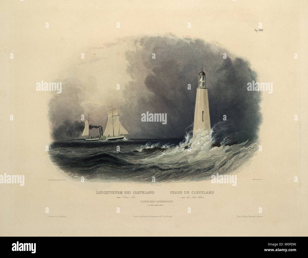 Cleveland Leuchtturm auf dem Lake Erie - Karl Bodmer Aquatinta von Reisen in das Innere von Nordamerika (Voyage dans l'Intérieur de l'In) Stockfoto