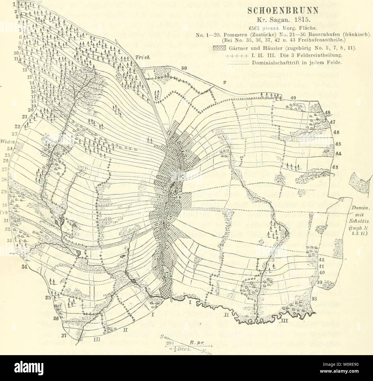 Archiv Bild ab Seite 383 Der Boden und die Landwirthschaftlichen. Der Boden und die Landwirthschaftlichen Verhältnisse des Preussischen Staaten. derbodenunddiela 01 meituoft Jahr: 1868 358 Xi'Besiedelung, Flureintheilung und Gutsherrlich-bäuerliche Verhältnisse. Schönbrunn Kr. Sagan. 1.815. € 562 preoss. Mory. Fläche. Nr. 1 - 20. Pommern (Zustücke) Nr. 21 - 5C Bauernhufen (fränkisrh). (Bei Nr. 35, 36, 37, 42 HE. 43 Freihufenantheile.) Gärtner und Häusler (zugehörig Nr. 5, 7, 8, 11). I.11. In. 3 Feldereinfheilung sterben. DominialschRfttrift in jedem Felde. this Linien, so sind sie aus Dämmen Stockfoto