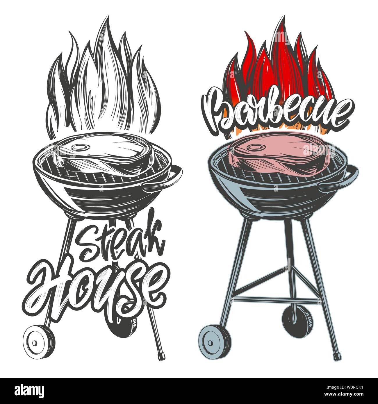 Grill essen Fleisch, Steak, Braten, gegrilltes, kalligraphische Text von Hand gezeichnet Vektor-illustration realistische Skizze logo Stock Vektor