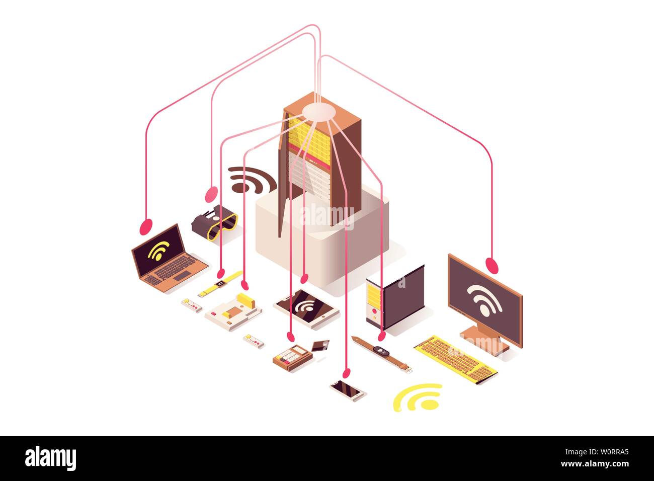 Internet Server vector isometrische Darstellung. Computer Hardware, Internet der Dinge, Cloud System, tragbare Geräte. Wifi wireless Technologie, Datenbank Speicher isoliert 3d Clipart Stock Vektor