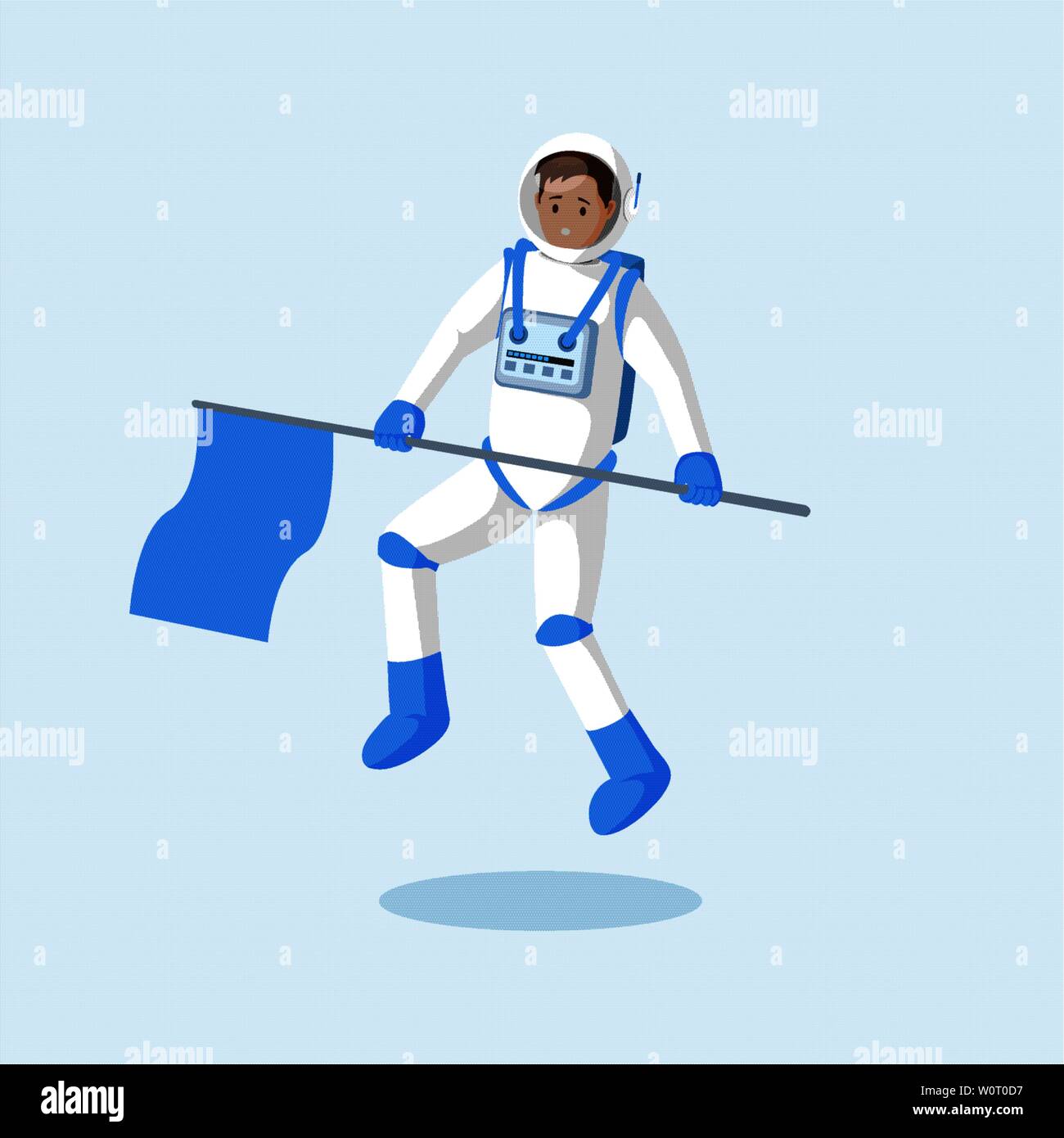 Astronaut mit Flagge floating Flachbild Abbildung. Männliche Kosmonaut, Explorer, Reisenden Fliegen in Schwerelosigkeit und winkende Hand cartoon Vektor Charakter. Space Mission, fremden Planeten, Mond Landung clipart Stock Vektor