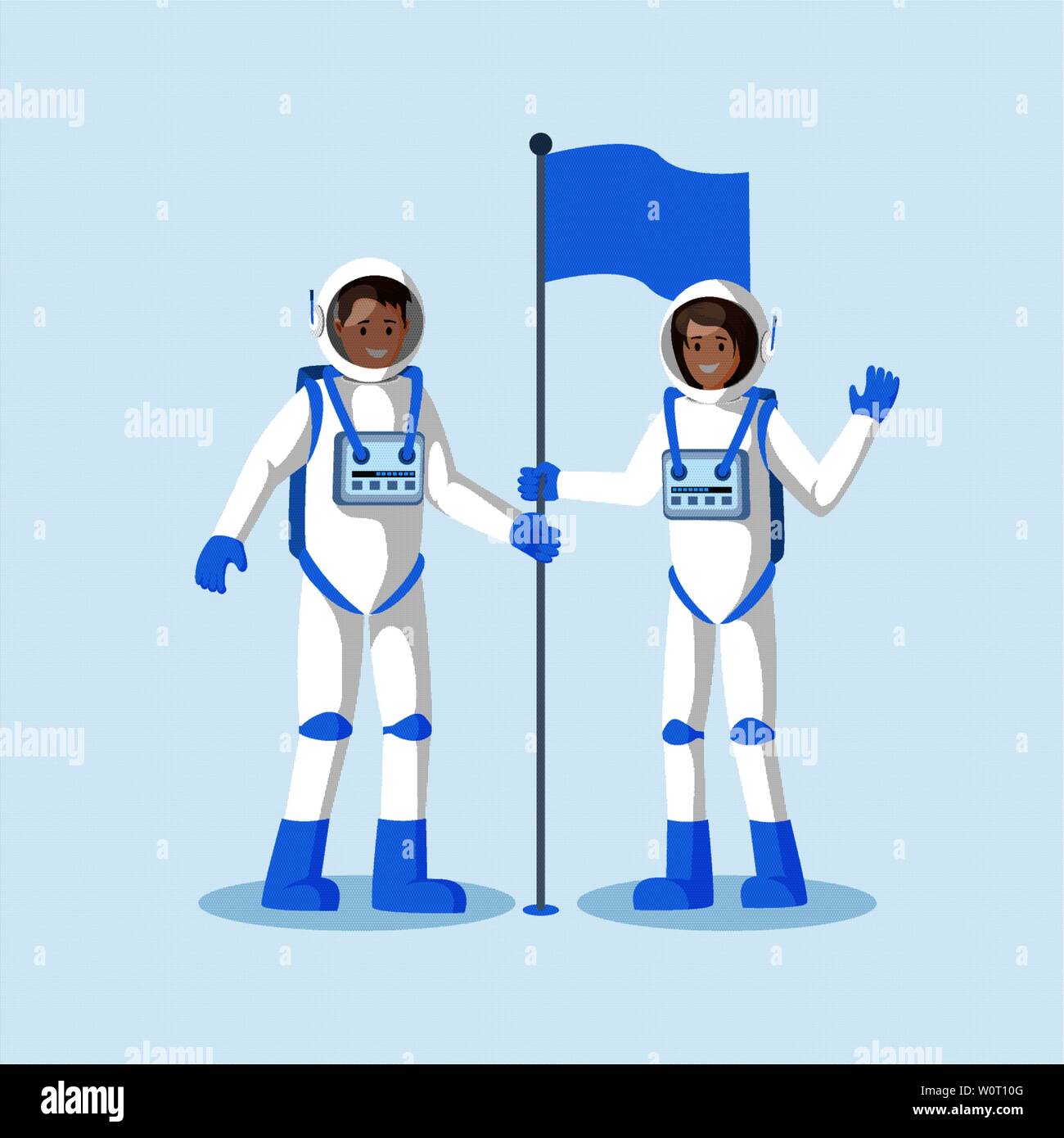 Astronauten einpflanzen Flagge flachbild Vector Illustration. Männliche und weibliche lächelnd Kosmonauten Raumanzüge tragen, winkende Hand Zeichentrickfiguren. Ein anderer Planet, Mond Landung isoliert Clipart Stock Vektor