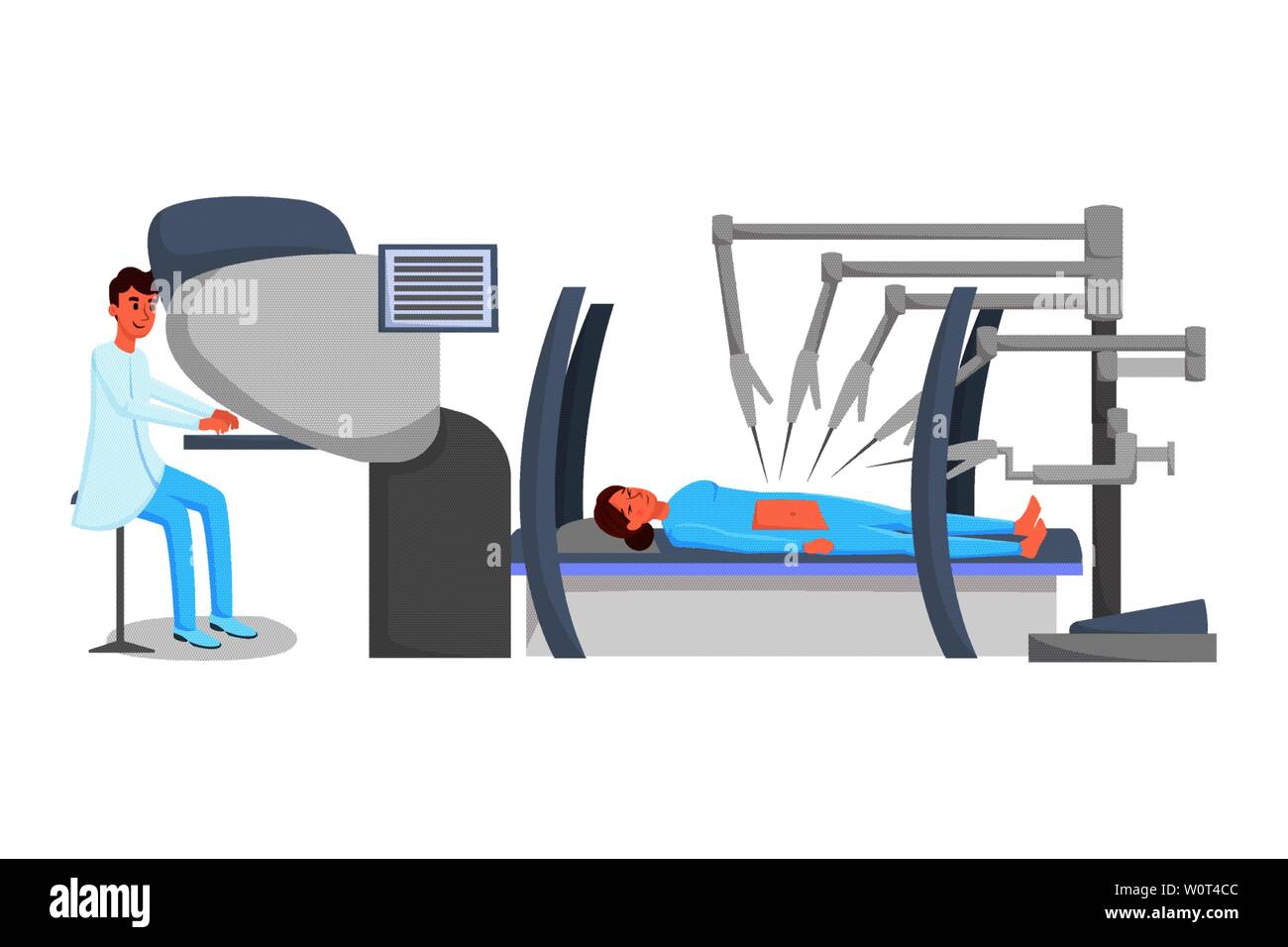 Robot Assisted Chirurgie flachbild Vector Illustration. Chirurg und Patient in Narkose Zeichentrickfiguren. Junger Arzt Durchführung von chirurgischen Verfahren mit High-Tech Ausstattung, moderne Medizin Stock Vektor
