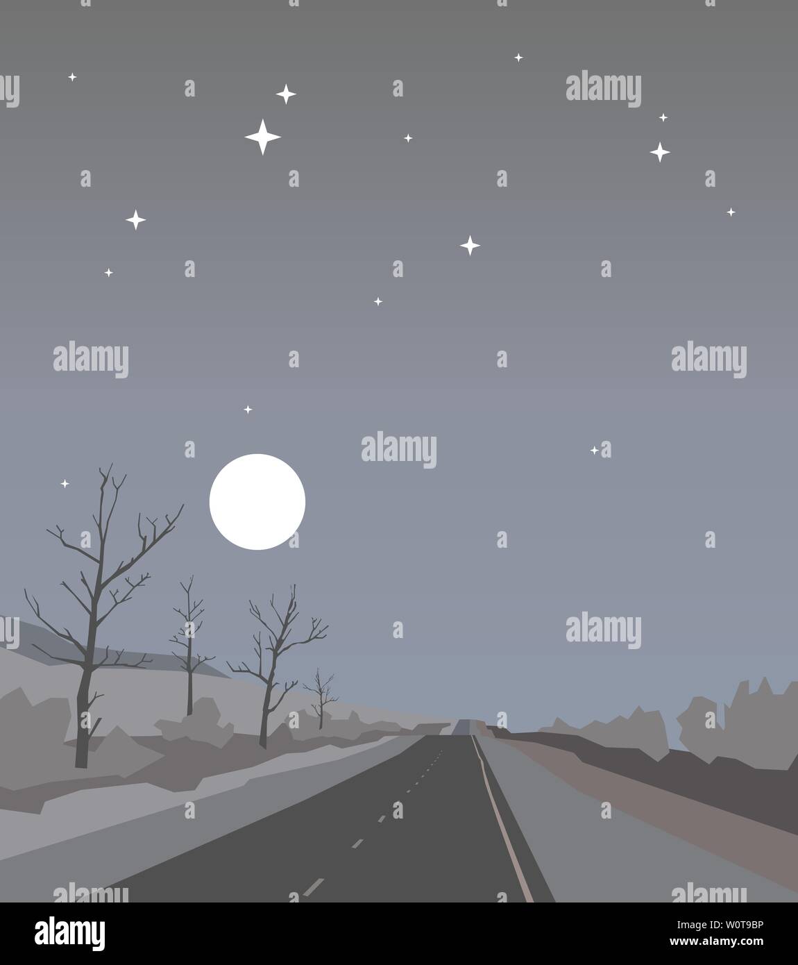 Fahren Sie auf den Berg in der Nacht Straße bei bewölktem Himmel mit Sternen und Vollmond. Am späten Abend Landschaft in minimalistischem Stil Stockfoto