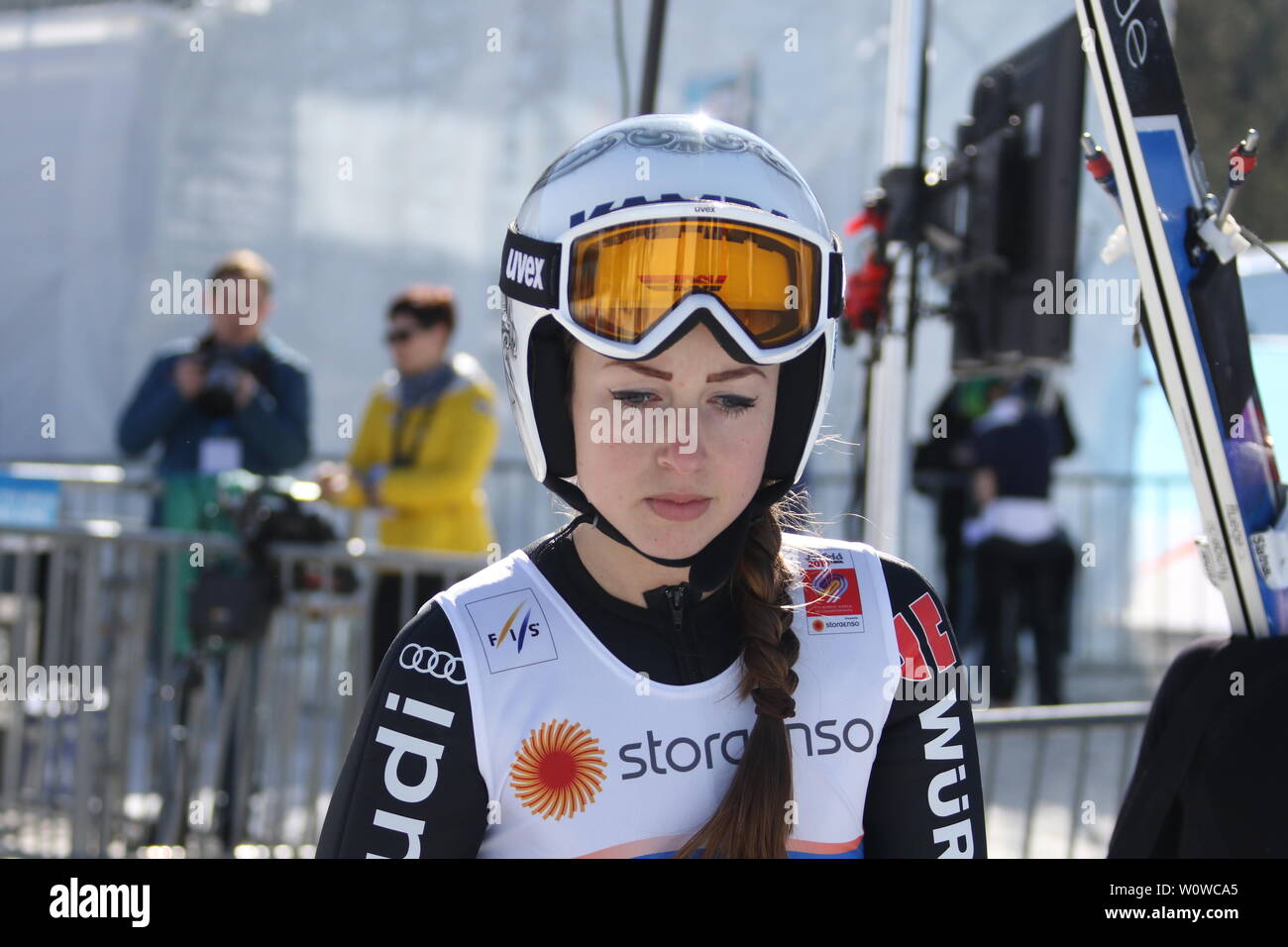 Nachdenklich: Juliane Seyfarth (TSG Ruhla) beim Training Frauen Skispringen, FIS Nordische Ski-WM 2019 in Seefeld Stockfoto