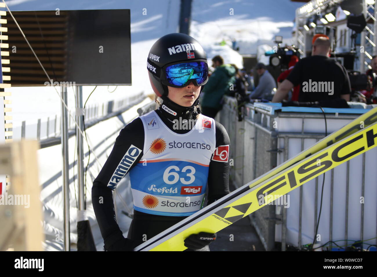 Maren Lundby (Pfalz) beim Training Frauen Skispringen, FIS Nordische Ski-WM 2019 in Seefeld Stockfoto