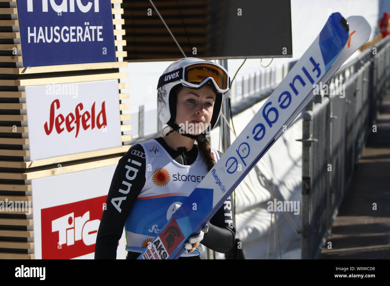 Juliane Seyfarth (TSG Ruhla) nach dem Training Frauen Skispringen, FIS Nordische Ski-WM 2019 in Seefeld Stockfoto