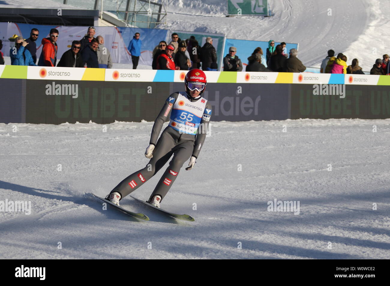 Daniela Iraschko-Stolz (Österreich) beim Training Frauen Skispringen, FIS Nordische Ski-WM 2019 in Seefeld Stockfoto