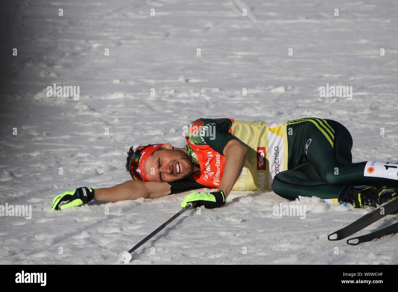 Abgekämpft und kaputt Balatonfüred Johannes Rydzek (Oberstdorf) mit dem Schnee im Zielraum / Dm Einzel Nordische Kombination, FIS Nordische Ski-WM 2019 in Seefeld Stockfoto