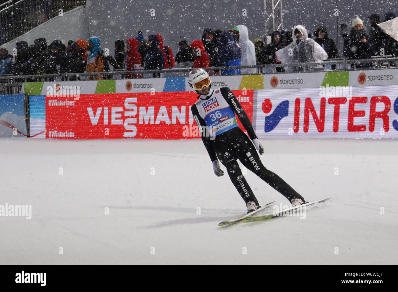 Killian PEIER (Schweiz/CH) nach seinem zweiten Sprung beim Skispringen Herren NH, FIS Nordische Ski-WM 2019 in Seefeld Stockfoto