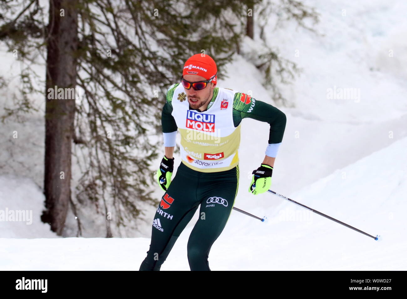 Johannes Rydzek (Oberstdorf) beim Teamwettkampf in der Nordische Kombination, FIS Nordische Ski-WM 2019 in Seefeld Stockfoto