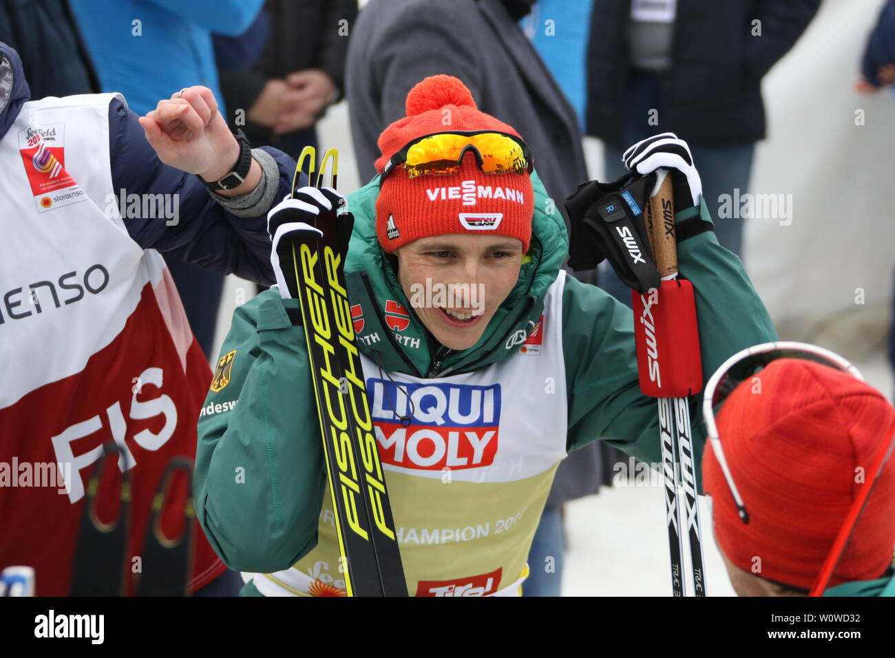 Eric Frenzel (SSV Geyer) hat mit drei Medaillen gut lachen - Team Nordische Kombination, FIS Nordische Ski-WM 2019 in Seefeld Stockfoto