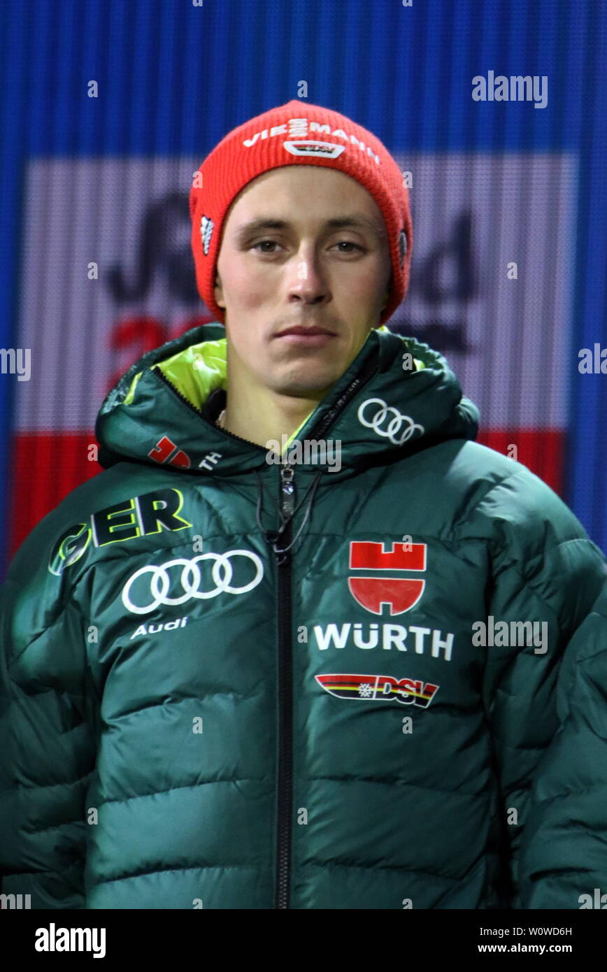 Eric Frenzel (SSV Geyer) bei der Siegerehrung zum Teamwettkampf der Nordische Kombination, FIS Nordische Ski-WM 2019 in Seefeld Stockfoto