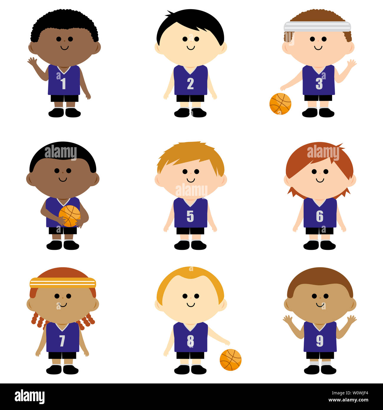 Basketballmannschaft für Jungen. Multirassische, vielfältige Gruppe von Basketballspielern für Kinder. Stockfoto