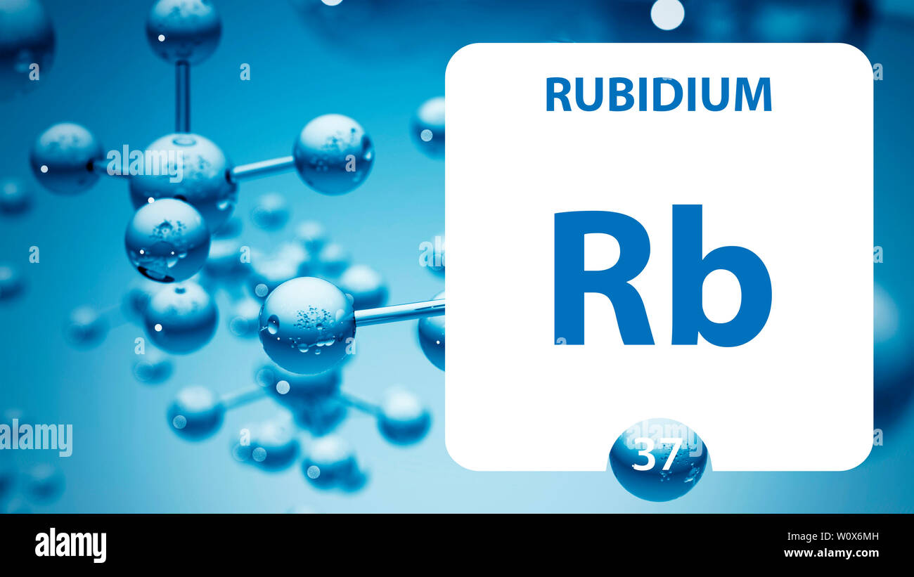 Rubidium 37 Element. Erdalkalimetalle. Chemisches Element von Mendelejew Periodensystem. Rubidium in quadratischen Kubus kreatives Konzept. Chemische, Laboratorien Stockfoto