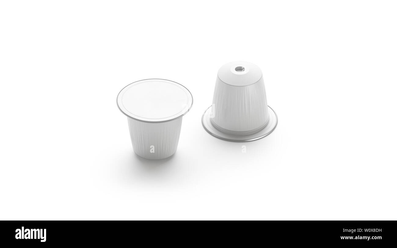 Weiße Kapseln, Mock up, isoliert, Seitenansicht, 3D-Rendering. Leere versiegelt Coffee pod Mockup für Automaten. Frei verfügbares Vakuum Stockfoto