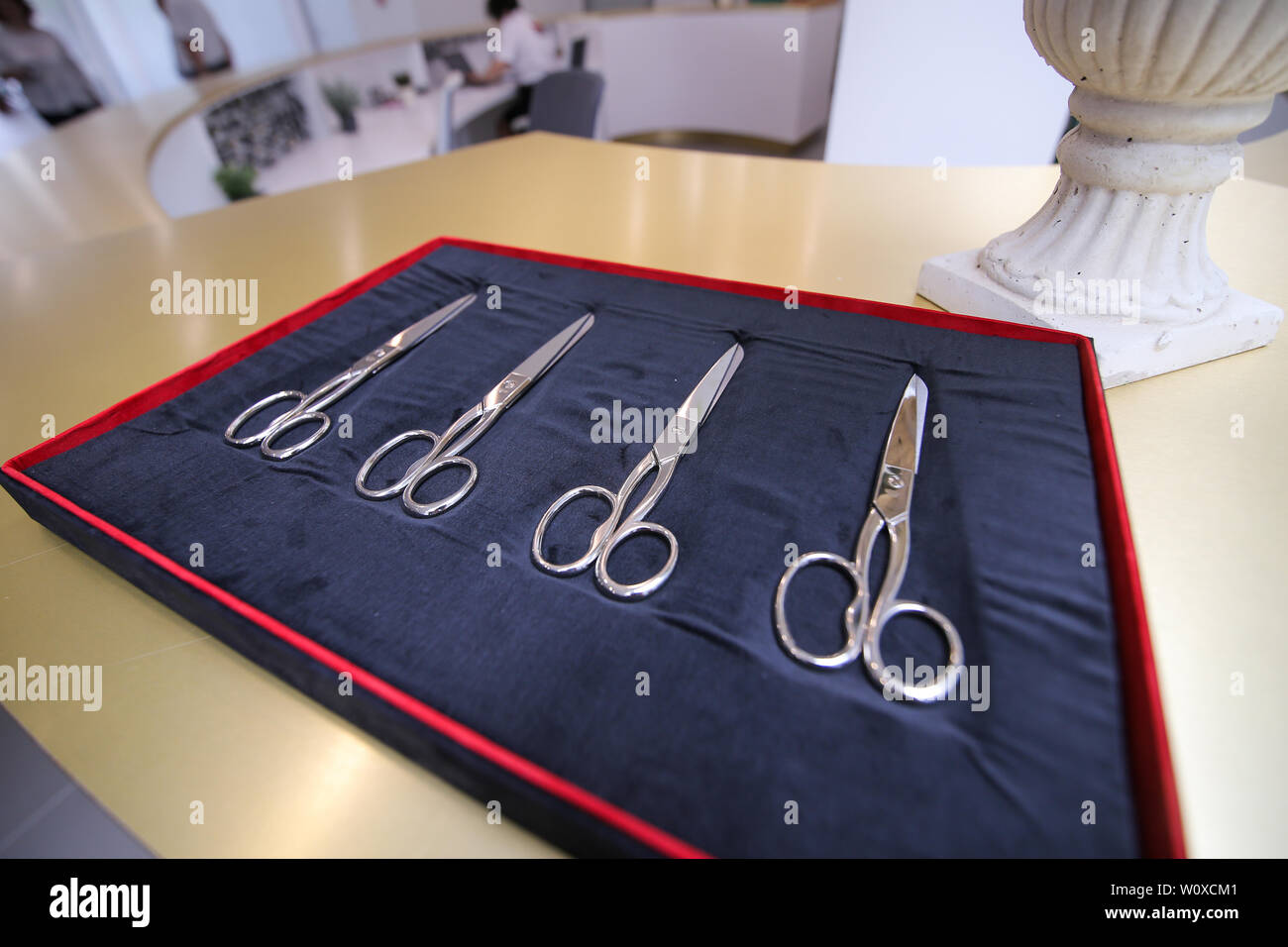 Details mit Metall Schere in einer schicken Box, die für den Schnitt des Bandes an einer offiziellen Eröffnung verwendet werden. Stockfoto