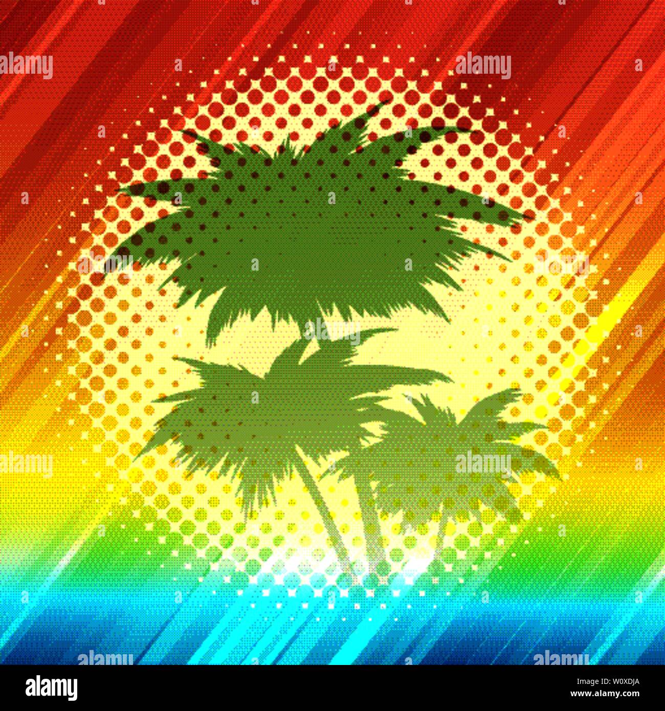Palm Tree Silhouetten auf eine rasterungs Sonnenuntergang Hintergrund. Sommer Retro Design. Vector Illustration. Stock Vektor