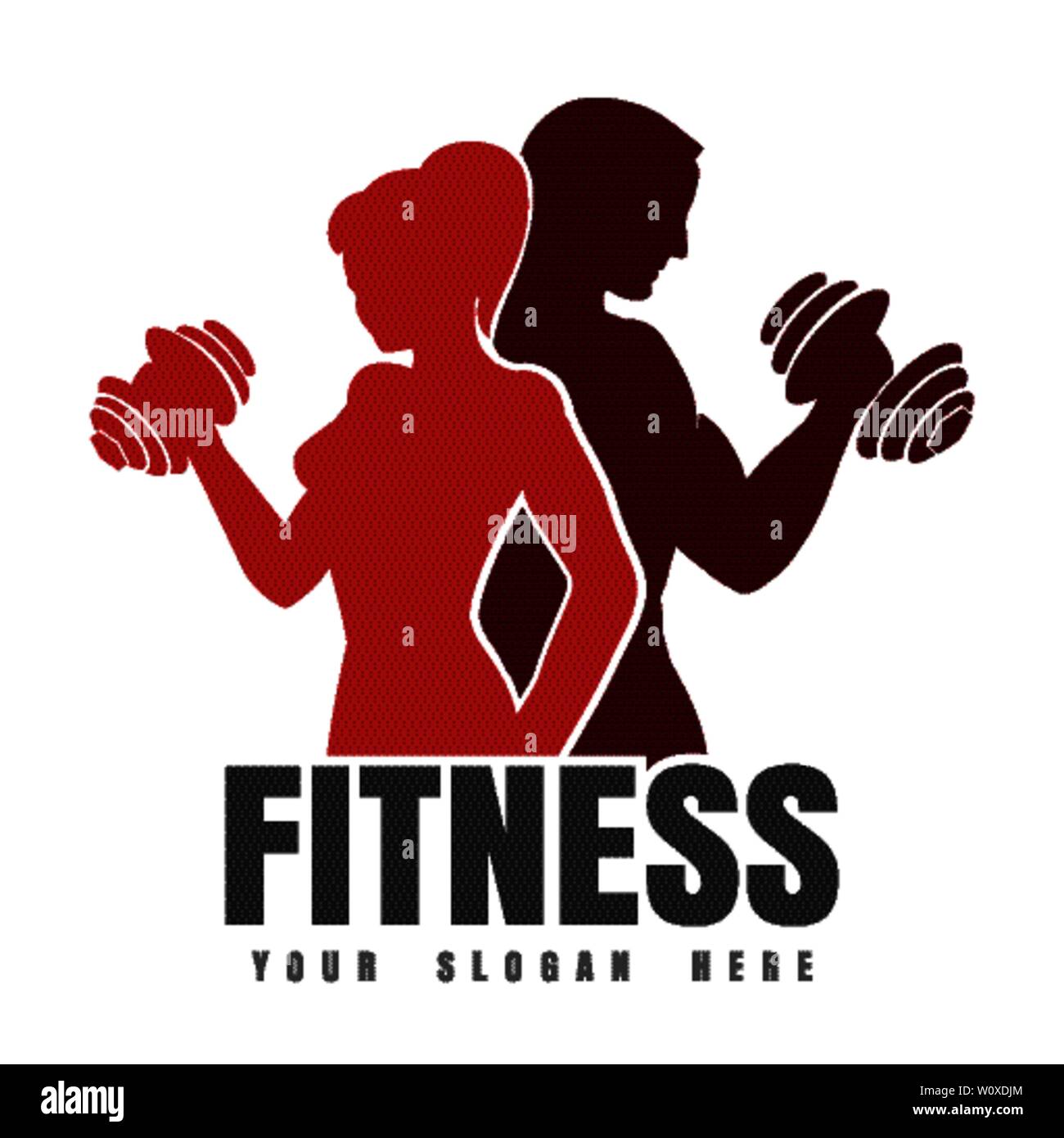 Silhouetten der athletischen Mann und Frau mit Kurzhanteln. Fitness Club Logo oder Emblem. Vector Illustration. Stock Vektor
