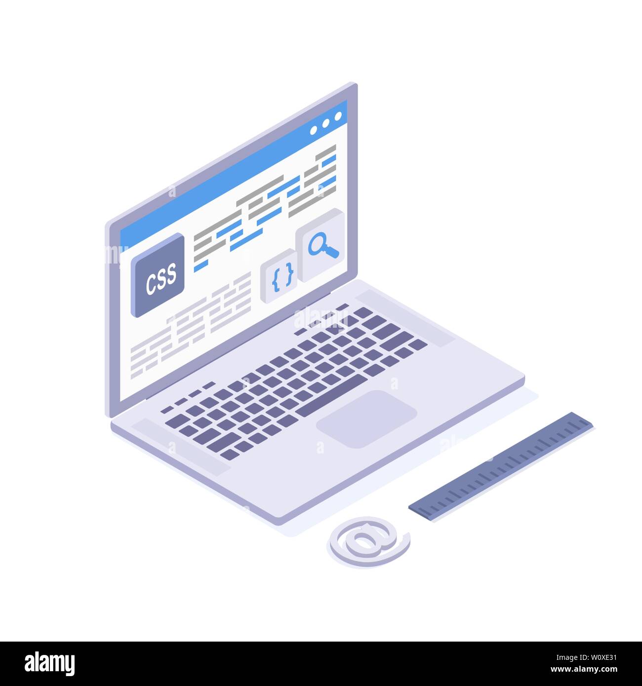Software coding Vektor isometrische Darstellung. CSS-Programmiersprache, website Entwicklung, mobile App erstellen. Programmierer, Programmierer, Sie Studio Manager laptop 3d-isolierten Clipart Stock Vektor