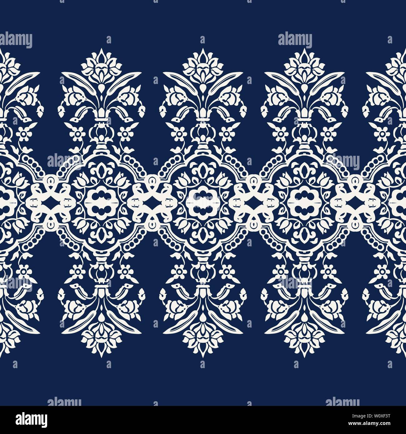 Holzschnitt gedruckt Indigo dye Nahtlose ethnischen floral Kaleidoskop geometrischen Grenze. Traditionelle orientalische Ornament von Indien, Kaschmir, ecru auf marine blau Stock Vektor