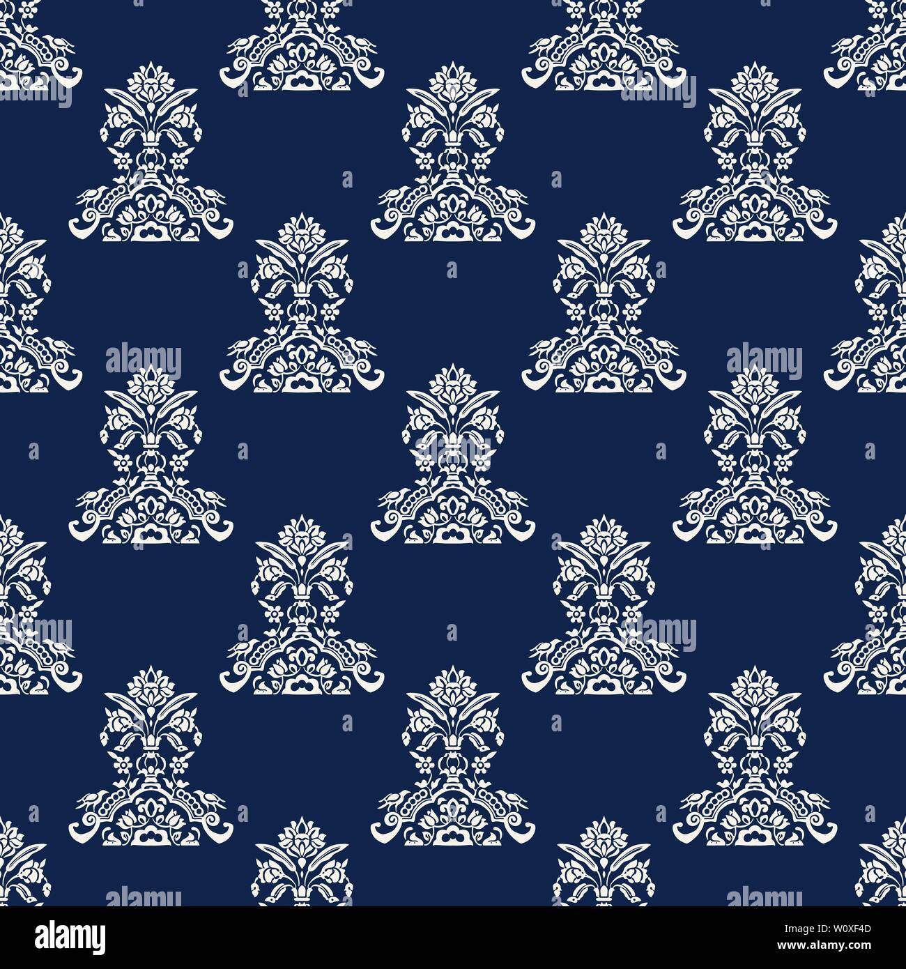 Indigo dye Holzschnitt gedruckt Nahtlose ethnischen floral aller Pattern. Traditionelle orientalische Motiv von Indien mit Blumen und Vögeln, ecru auf marine blau Ba Stock Vektor