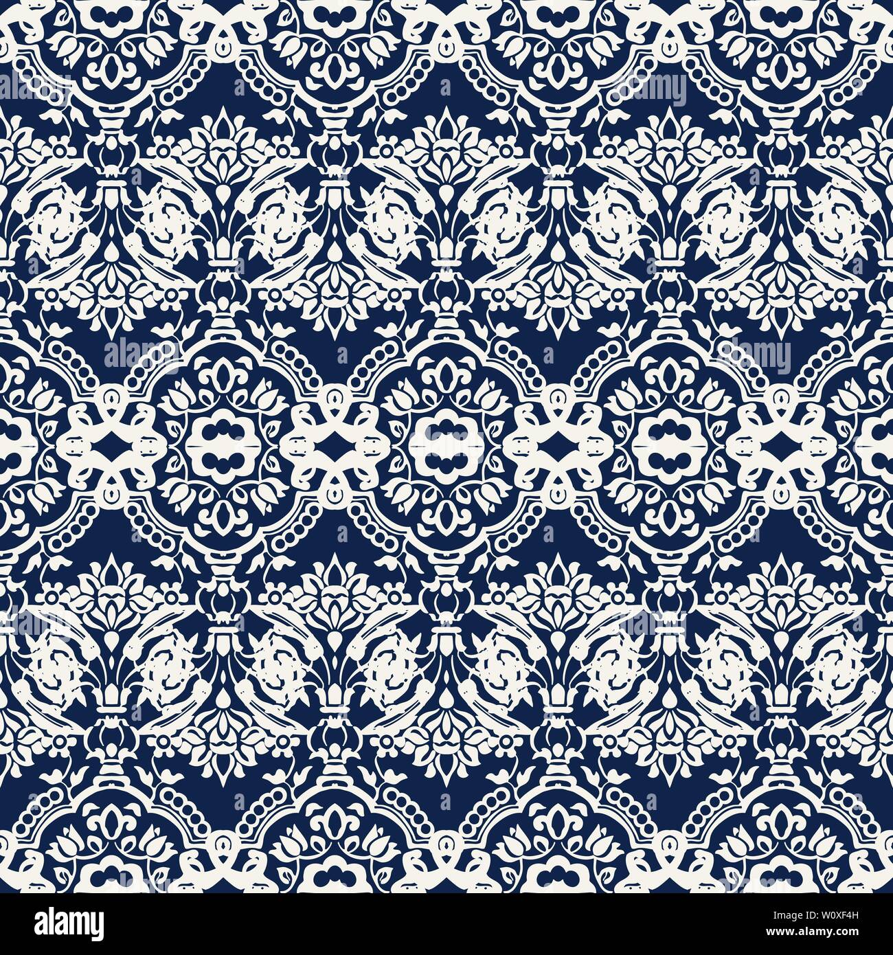 Indigo dye Holzschnitt gedruckt Nahtlose ethnischen floral Damast Muster. Traditionelle orientalische Ornament von Indien mit exotischen Blumen, ecru auf marine blau Stock Vektor