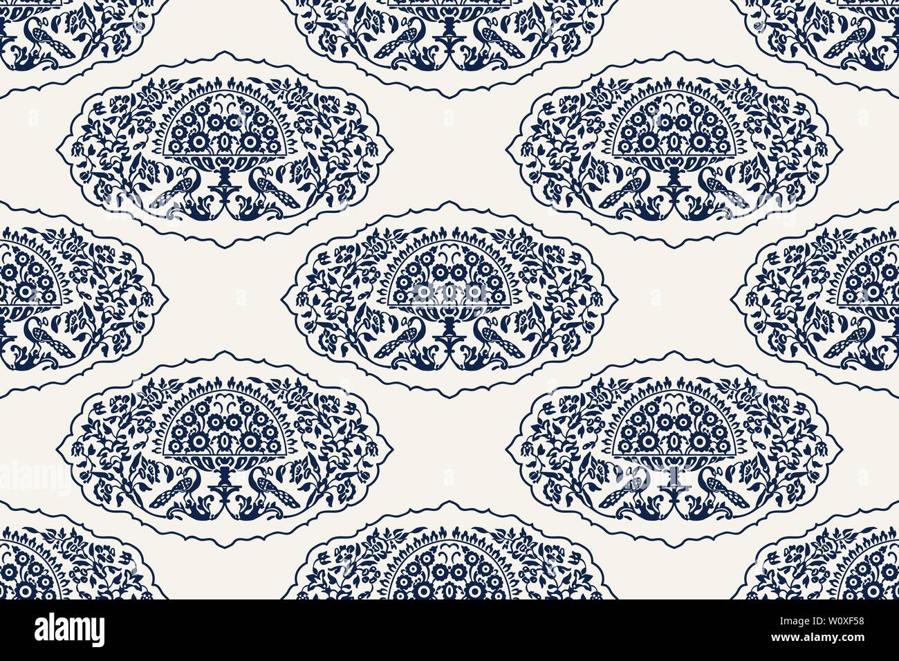 Indigo dye Holzschnitt gedruckt Nahtlose ethnischen floral Damast Muster. Traditionelle orientalische Ornament von Indien, Blumen, Pfauen, navy blue auf ecru. Stock Vektor