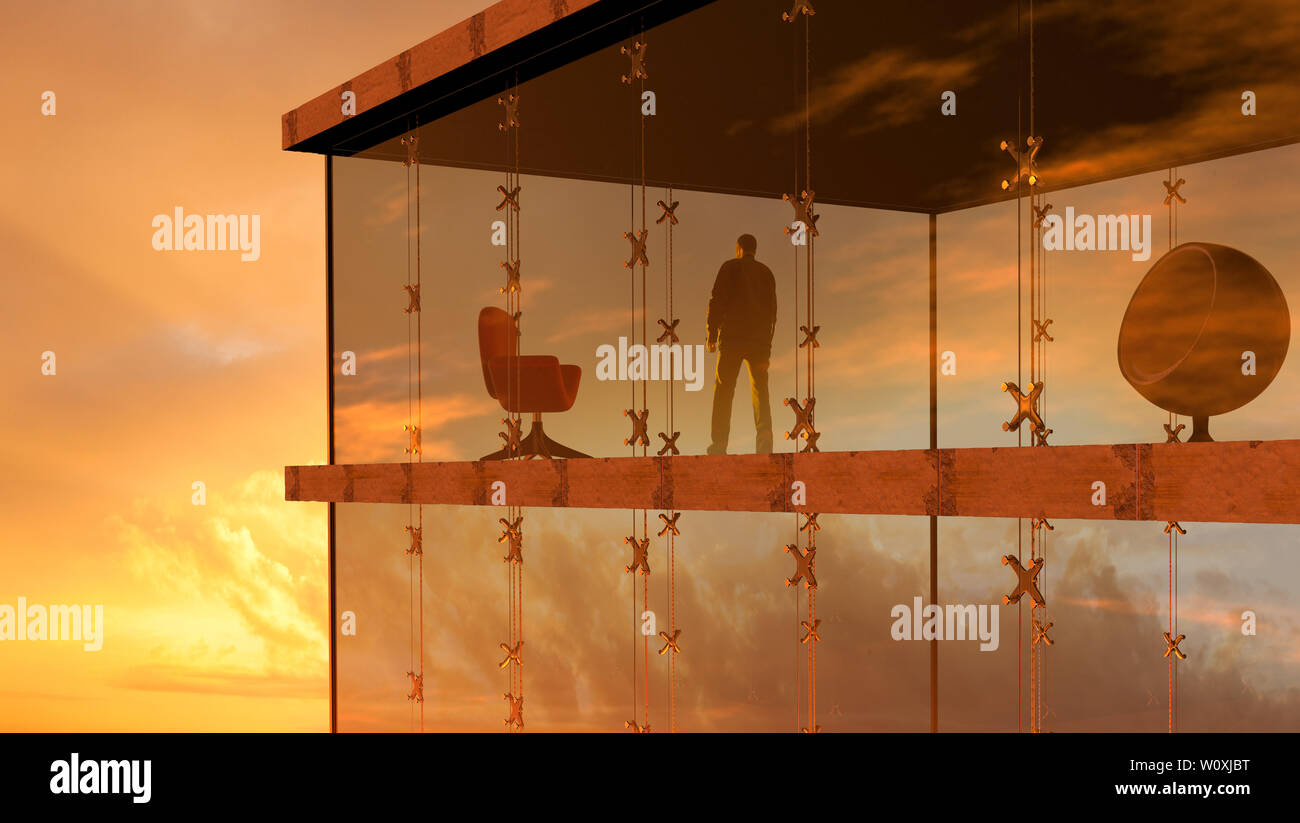 3D-Rendering eines modernen Glasgebäude mit einem Mann, den Sonnenuntergang. Stockfoto