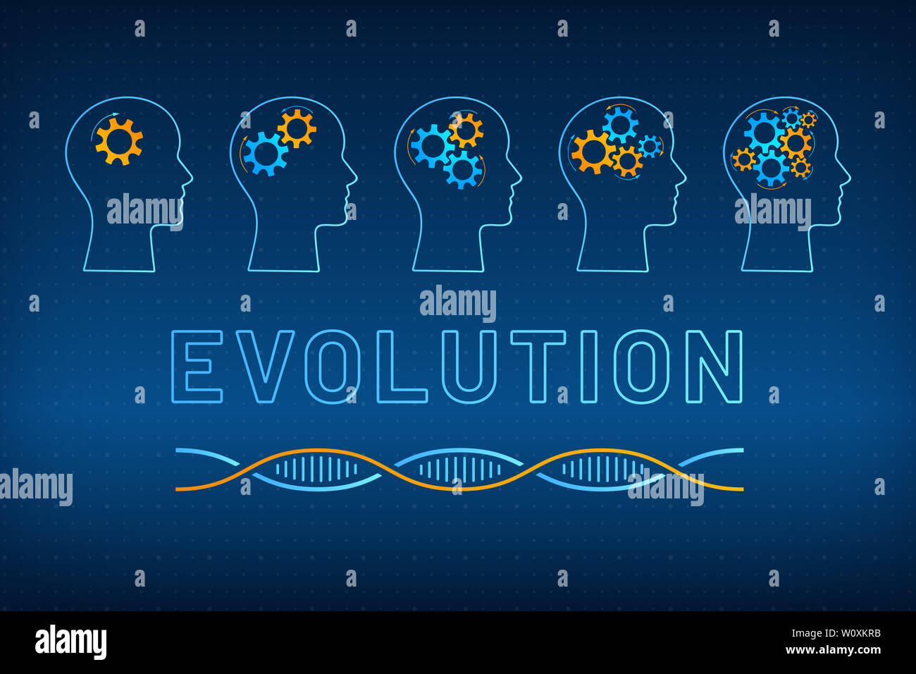 Kopf Silhouette mit Zahnrad Brain Evolution Konzept Abbildung. Gesicht Profil mit sich entwickelnden Getriebe Gehirn, blau, orange DNA-Molekül Helix und großes Schild Evolution auf der tech Hintergrund Stockfoto