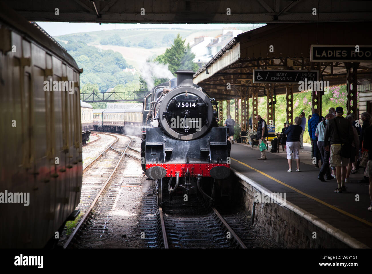 Dampfzug an Kingswear Station an der Dartmouth Steam Railway in Torquay, Großbritannien Stockfoto