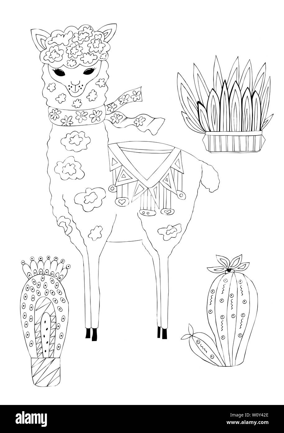 Abbildung: eine schwarze Tinte Zeichnung eines Tieres Alpaka inmitten von Blumen und Pflanzen auf einem weißen Hintergrund. Stockfoto