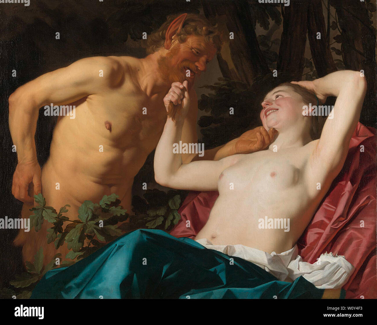 Satyr und Nymphe (1623). Gerard van Honthorst, Stockfoto