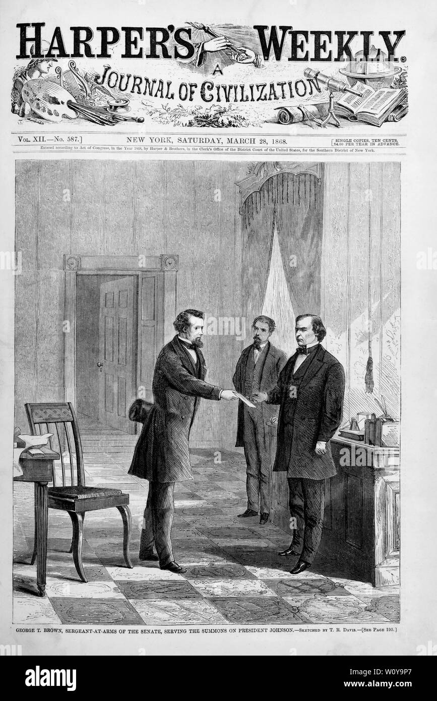 George T. Braun, Sergeant-at-Arms, in dem die Ladung auf Präsident Johnson, Skizze von T.R. Davis, Harper's Weekly, 28. März 1868 Stockfoto