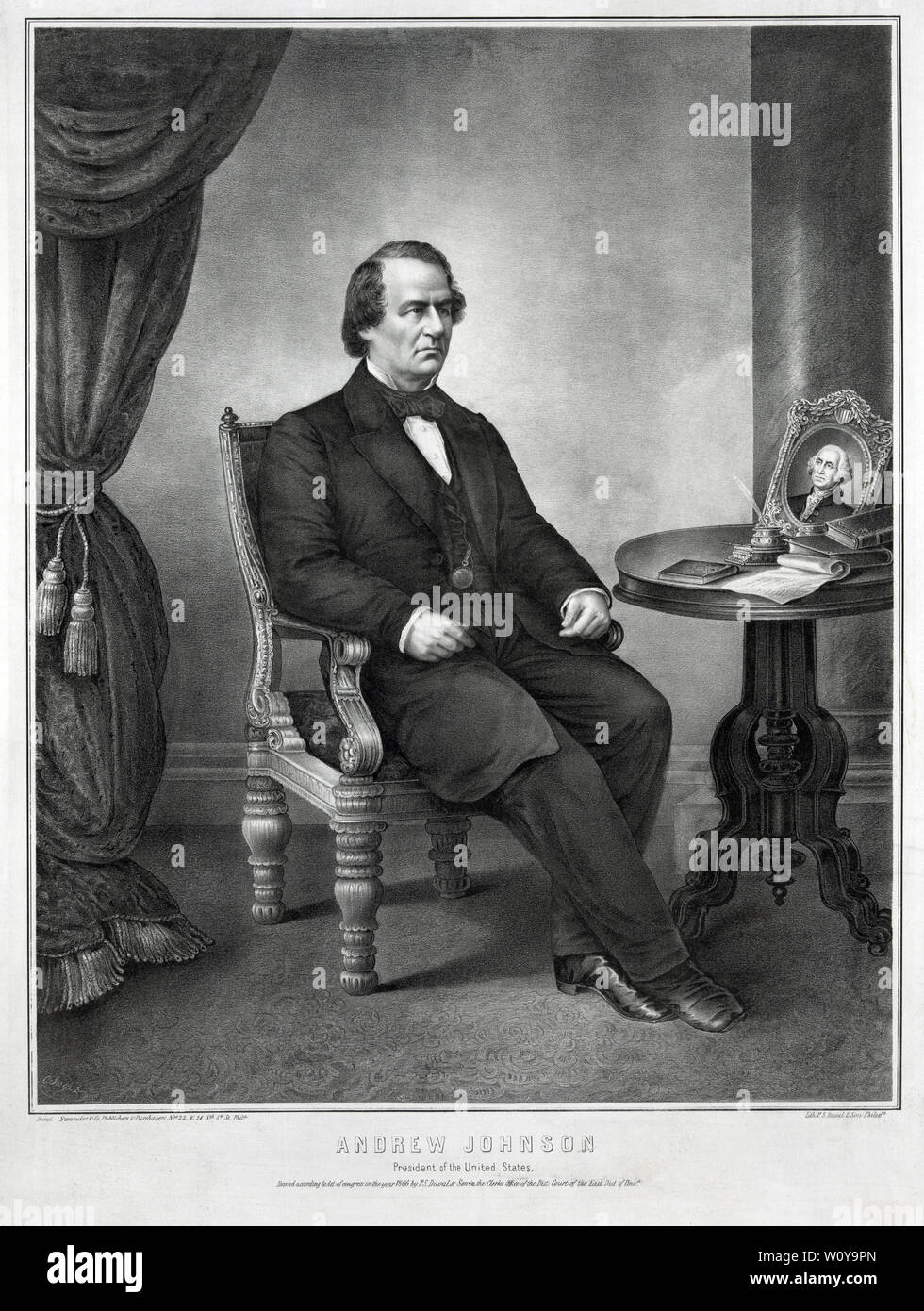 Andrew Johnson, Präsident der Vereinigten Staaten, sitzt, Porträt, Lithographie von P.S.: Duval & Sohn, durch Swander und Co., Philadelphia, 1866 veröffentlicht. Stockfoto