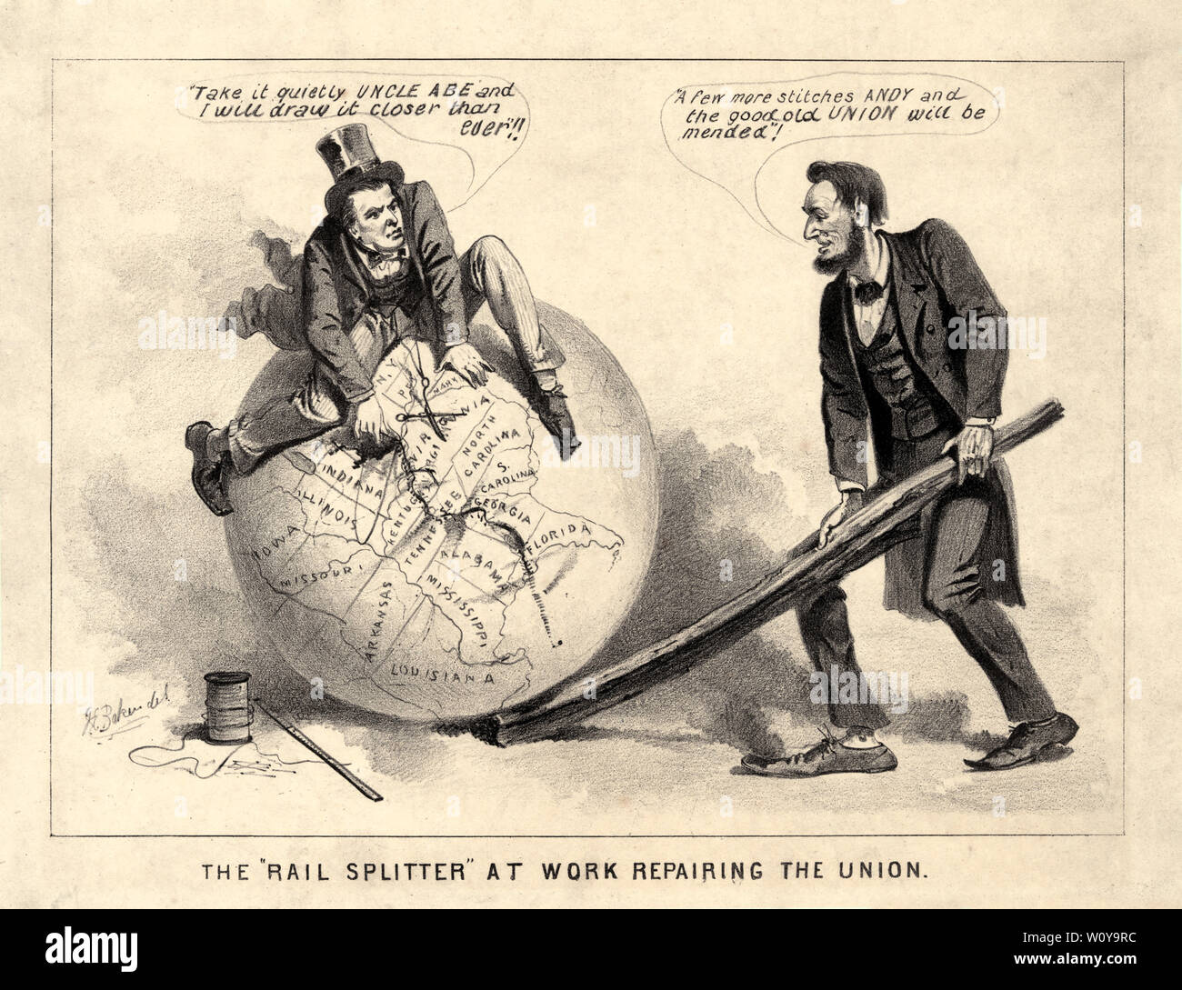 Die "Splitter" bei der Arbeit der Instandsetzung der Union, politische Karikatur mit US-Präsident Abraham Lincoln und Vice President Andrew Johnson, Joseph E. Baker, 1865 Stockfoto