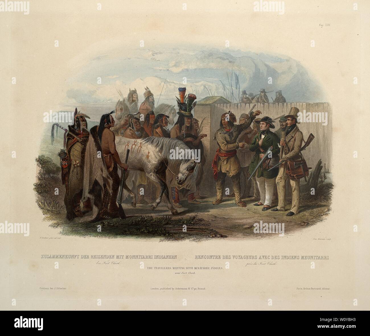 Die Reisenden Treffen mit Minatarre Indianer in der Nähe von Fort Clark - Karl Bodmer Aquatinta von Reisen in das Innere von Nordamerika Stockfoto