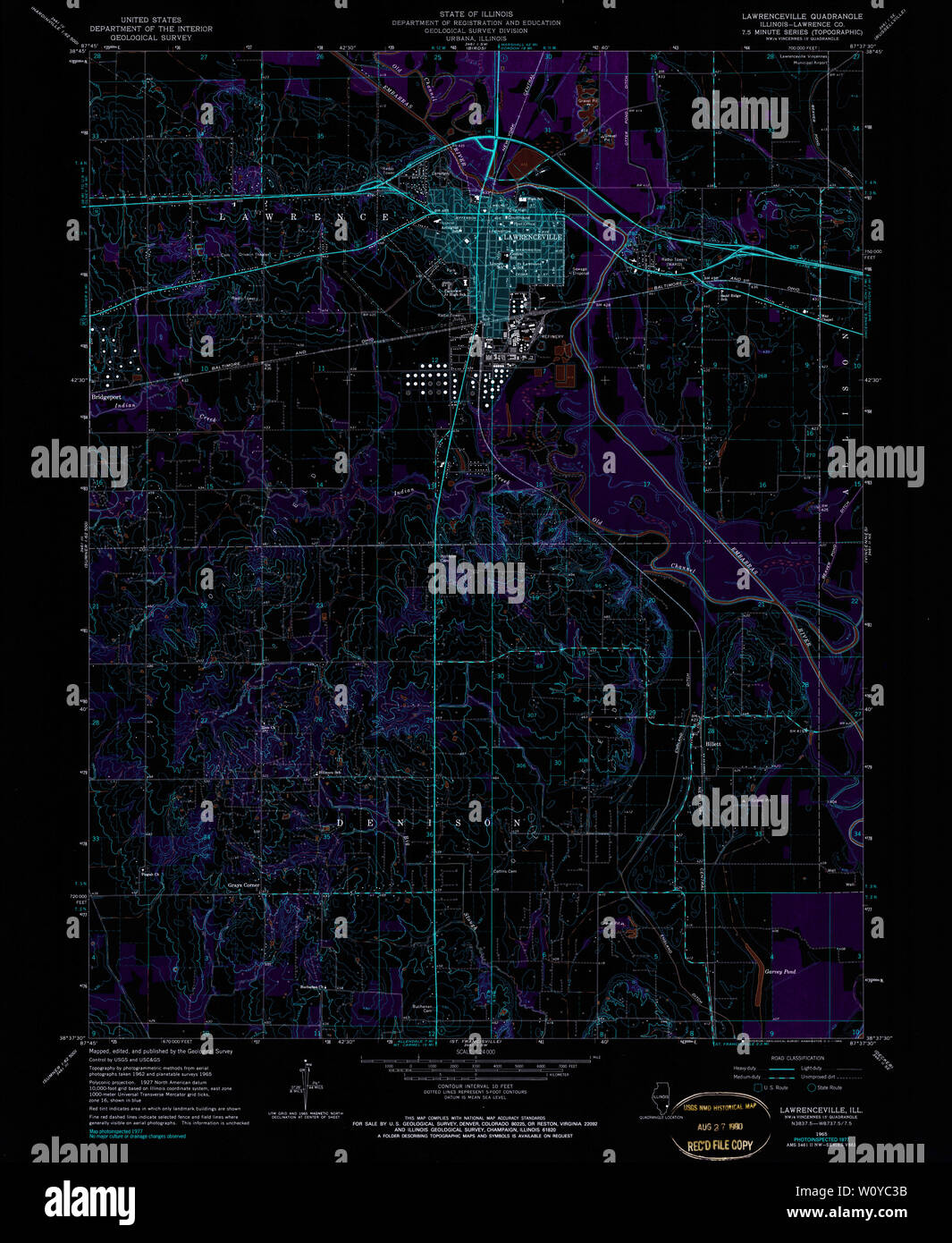 USGS TOPO Karte Illinois IL Lawrenceville 307995 1965 24000 invertiert Wiederherstellung Stockfoto