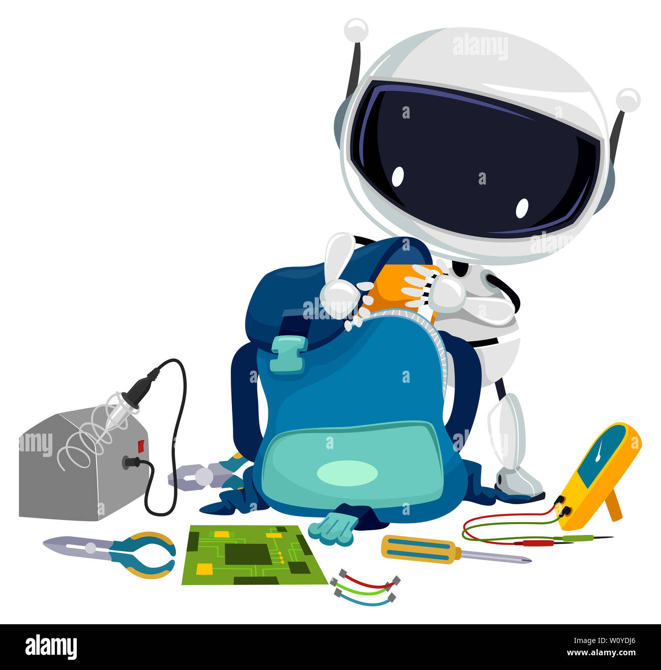 Abbildung: ein Roboter Student aus Buch von einem Rucksack mit verschiedenen Tools für die Robotik von Schraubendreher zu elektrischen Tester Stockfoto