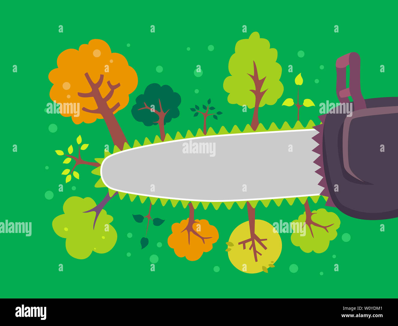 Abbildung: eine Kettensäge mit Bäumen, um Sie für die Entwaldung Bewusstsein Stockfoto