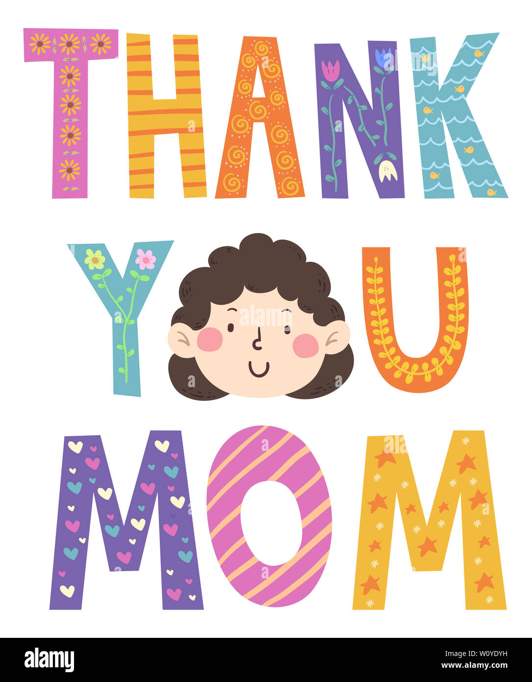 Abbildung: Danke Mama Schriftzug mit einem Gesicht einer Frau lächelnd Stockfoto
