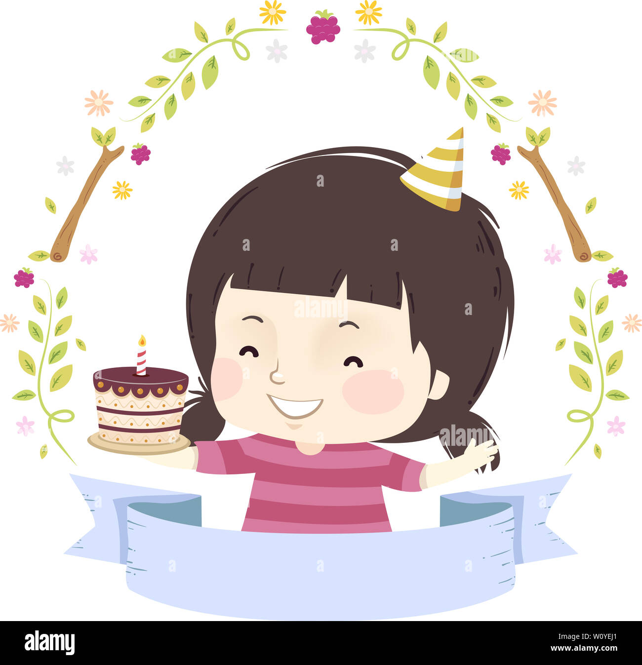 Abbildung: ein Kind Mädchen mit Geburtstagstorte, Farbband und Wald Elemente Stockfoto