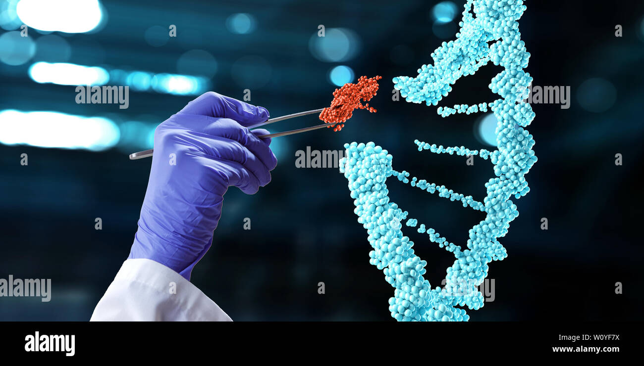 DNA-Moleküle mit Doktor Hand in Handschuhen, Zangen. Mixed Media Stockfoto