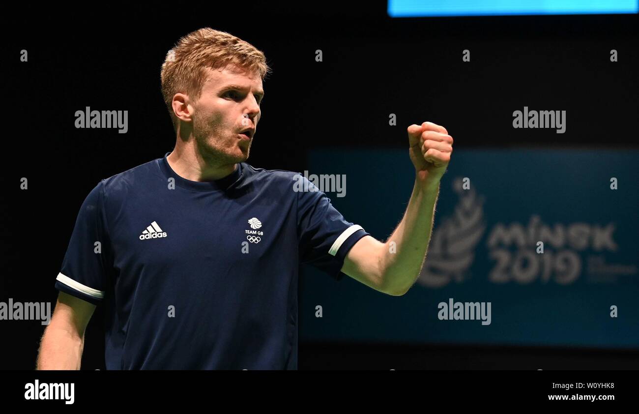 Minsk. Belarus. 28. Juni 2019. Marcus Ellis (GBR) feiert während der Badminton Turnier an der 2. europäischen Spiele. Kredit Garry Bowden/SIP-Foto Agentur/Alamy leben Nachrichten. Stockfoto