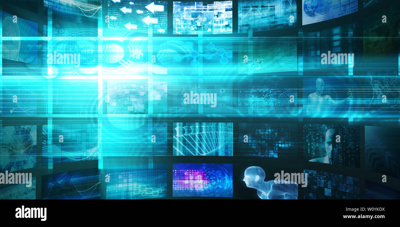Medienkonzept Technologien als Videowand Hintergrund Stockfoto