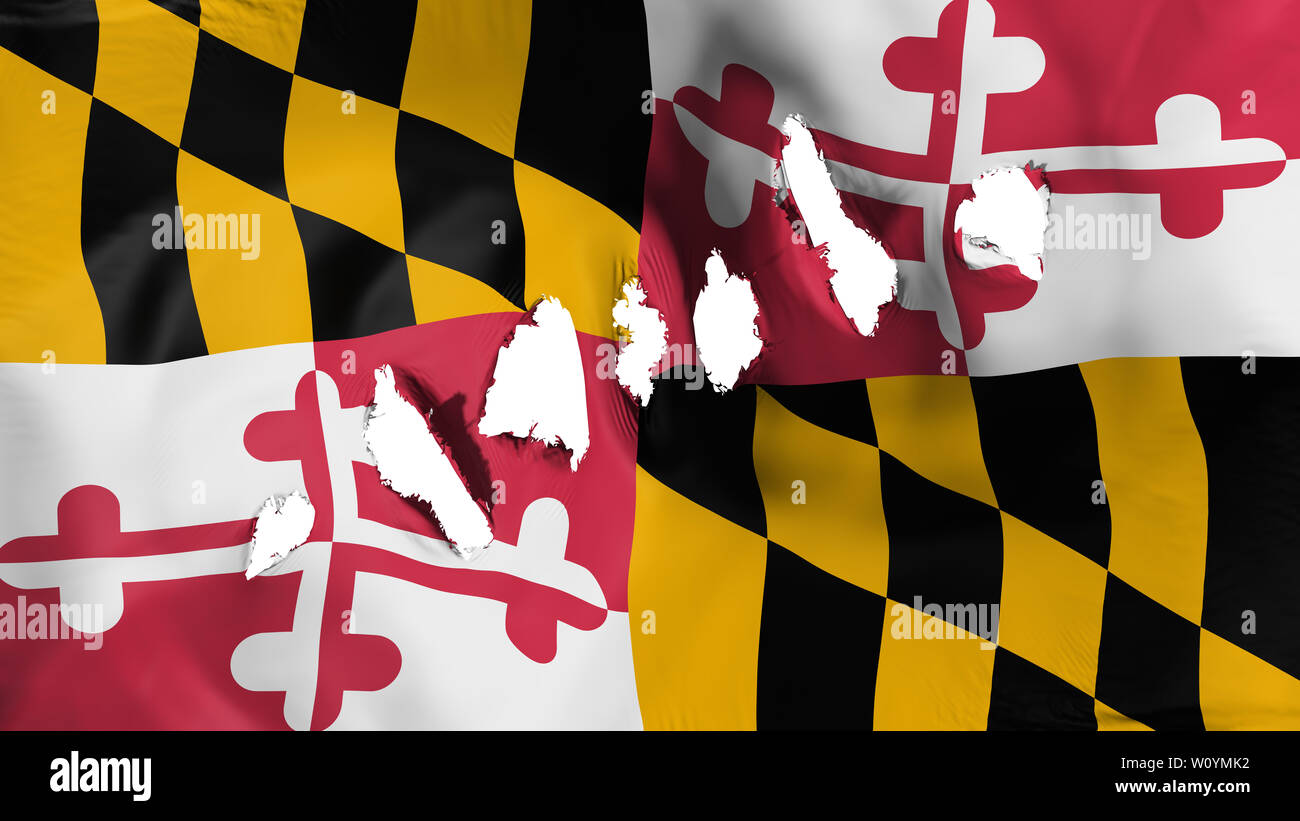 Maryland State Flag perforiert, Einschusslöcher, weißer Hintergrund, 3D-Rendering Stockfoto