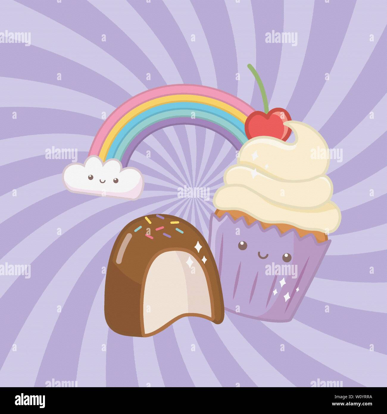 Süße Kuchen und Süßigkeiten kawaii Zeichen Vector Illustration Design Stock Vektor