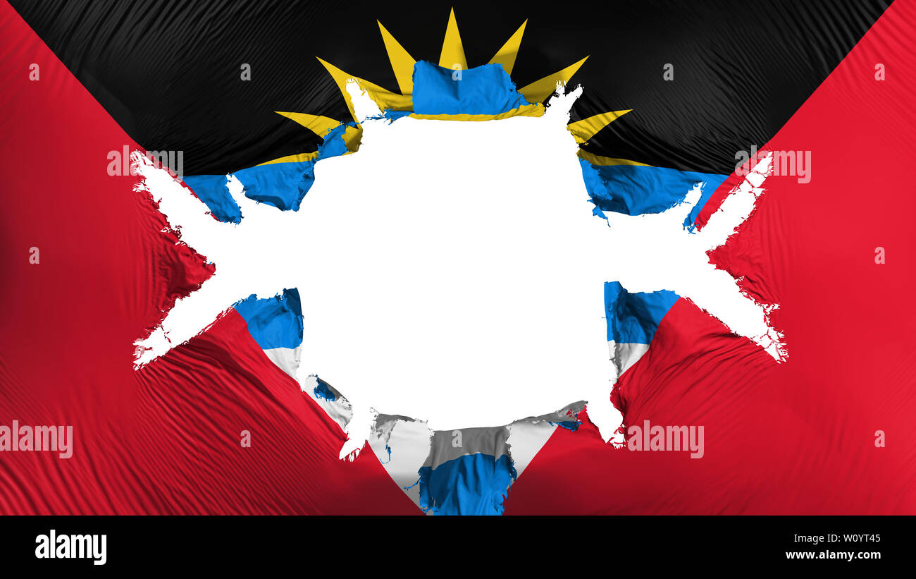 Antigua und Barbuda Flagge mit einem großen Loch, weißer Hintergrund, 3D-Rendering Stockfoto